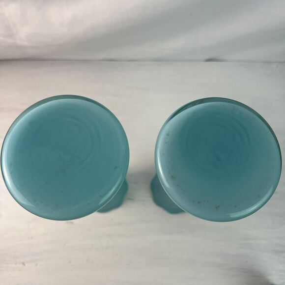 Pair Vintage Bartlett Collins Atomic Age Glass 9" Vase Blue Gold Asian Pagoda - Picture 5 of 7